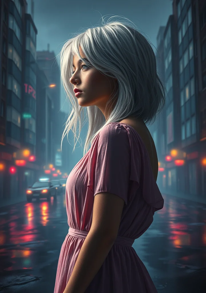 Cabelo branco, vestido rosa